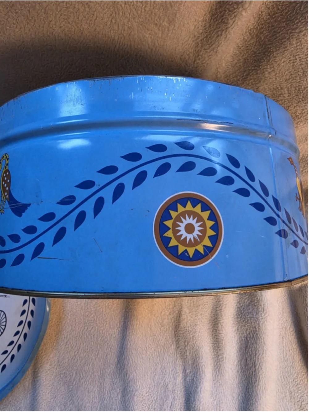 Vintage 1970s Pennsylvania Dutch Blue Metal Cookie Tin Tray Lid Folk Art Amish